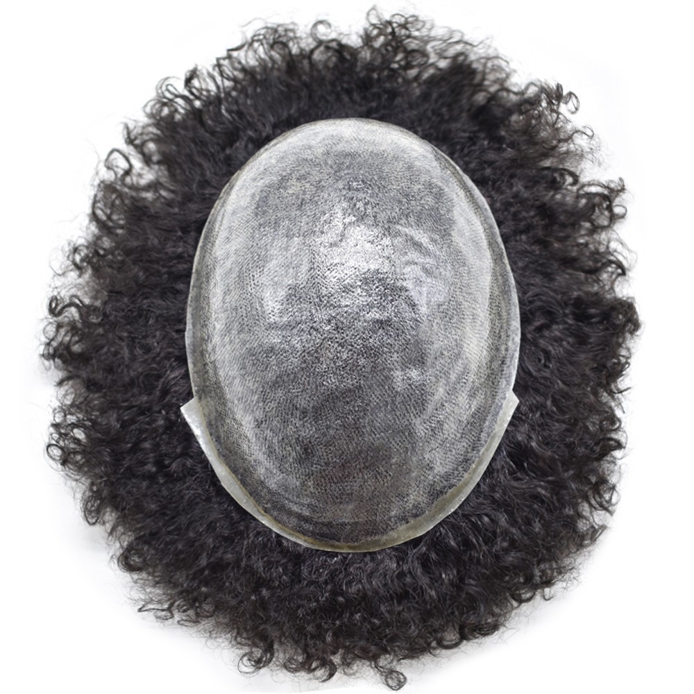 Afro Toupee for Black Men Full Poly Afro Wave Hair Units Human Hair PU System US