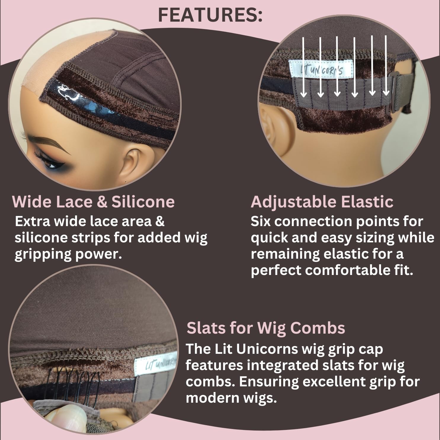 Wig Grip Cap | Adjustable with Wide Lace | Silicone | Small, Brown