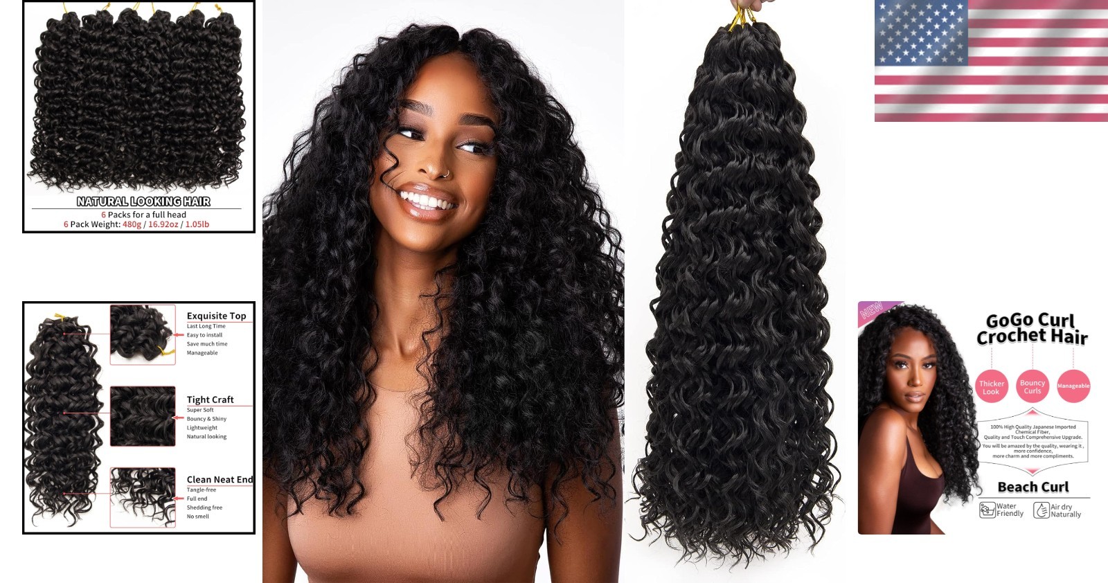 GoGo Curl Water Wave Curly Crochet Hair – 18 inch, Pack of 6 in 1B Natural Black