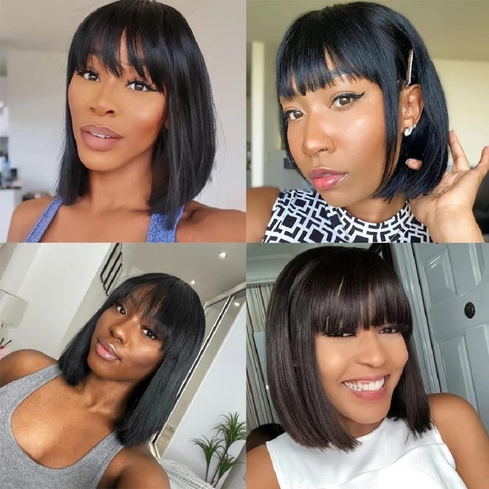 Short Bob Human Hair Wigs with Bangs No Lace Front Wigs Brazilian Straight Hair
