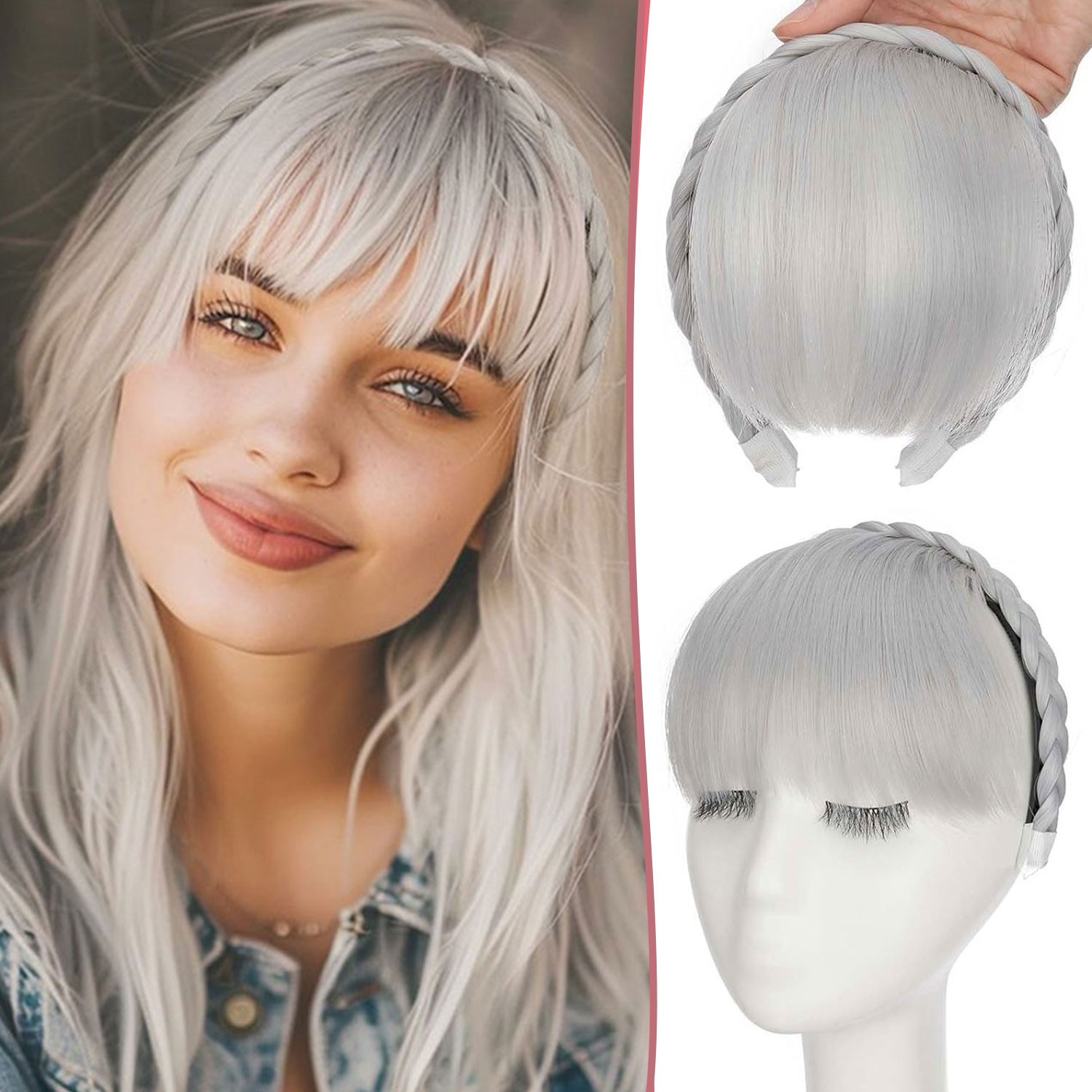 Xmas Braided Headband Hair Clip in Fringe Bangs Real As Human Hair Extensions US