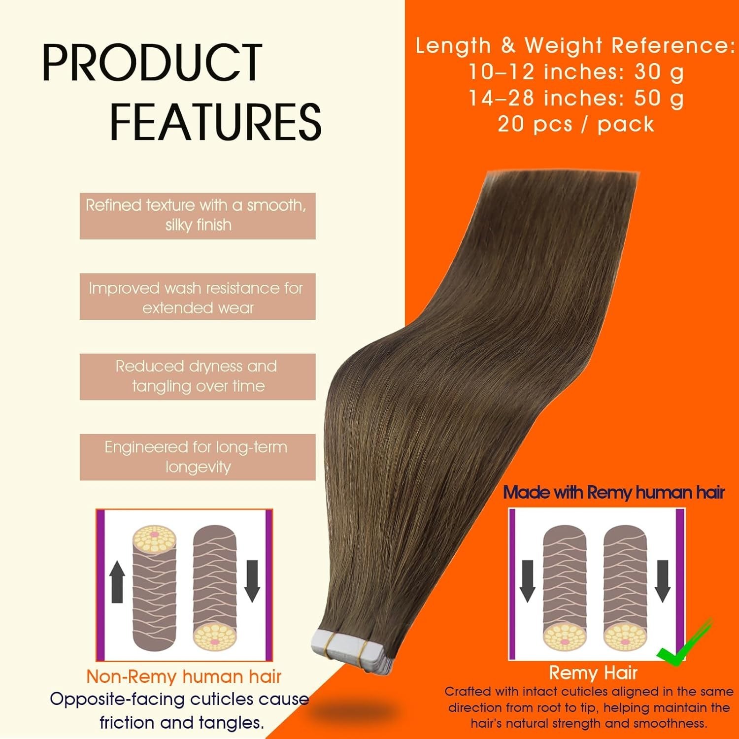 Luxury 18 Inch Tape-In Human Hair Extensions – 20 Pcs, Soft, Natural & Reusable