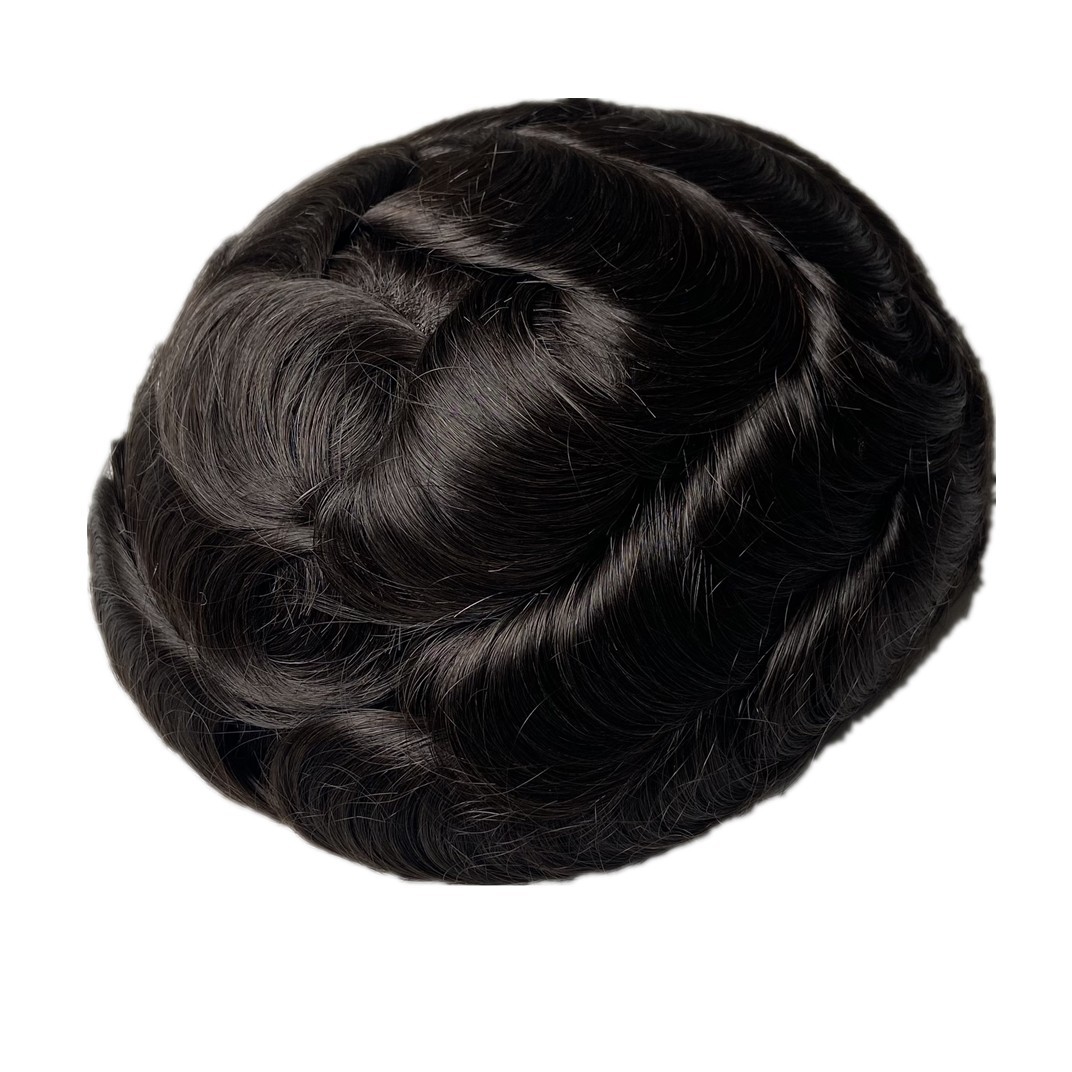 Mens Toupee Human Hair Replacement System French Lace Skin Back Hairpiece #1B