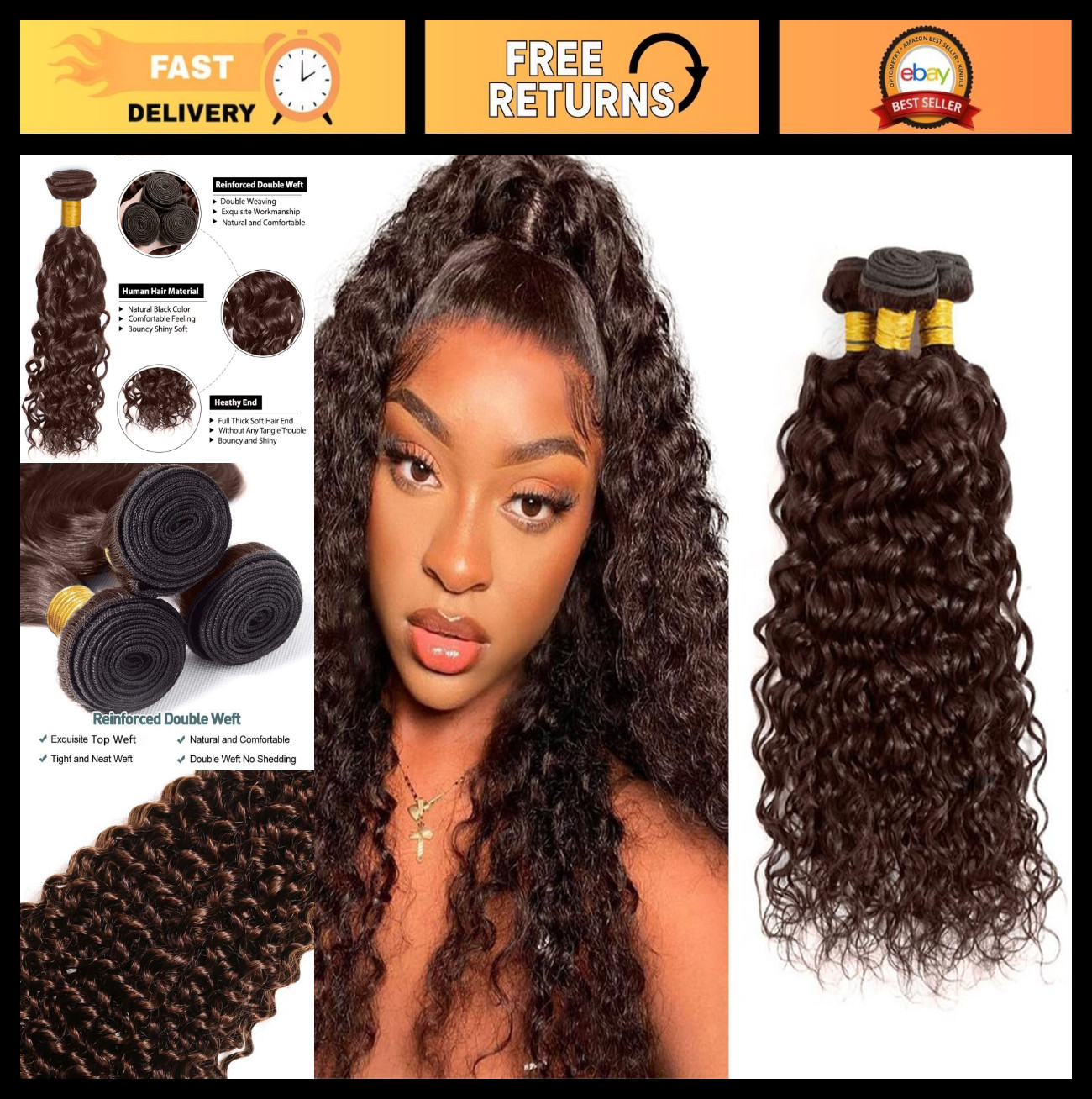 22 24 26 Inch Dark Brown Water Wave Human Hair Bundles #4 Wet & Wavy Style