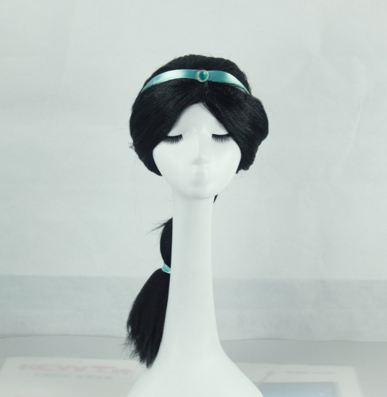 Adult Aladdin Princess Jasmine Cosplay Black Wig w/Ribbon for Halloween Costume