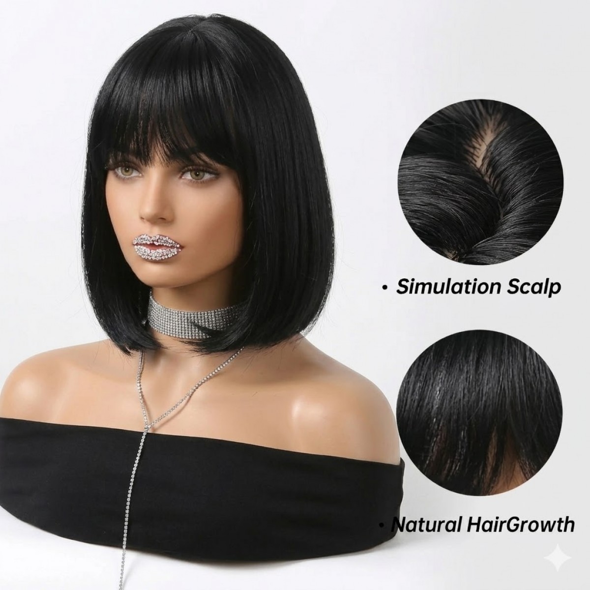Cosplay Wig With Bangs Layered Black Synthetic Hair Heat Resistant Bob Straight
