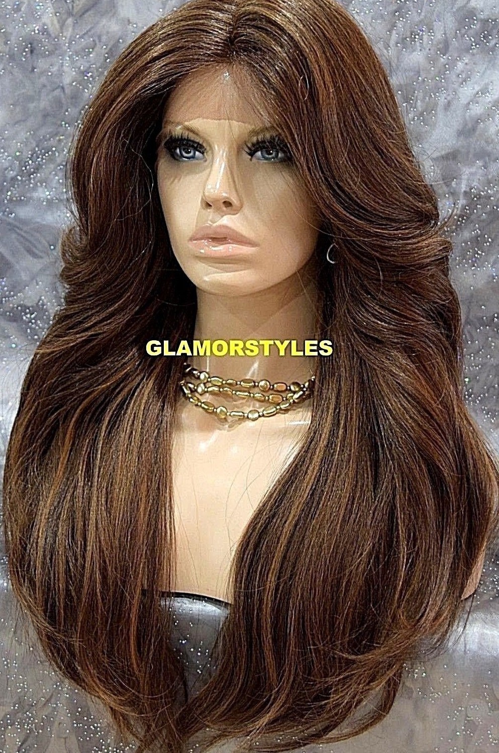 FREE PART LACE FRONT FULL WIG LONG WAVY LAYERED OMBRE BROWN AUBURN MIX HEAT OK