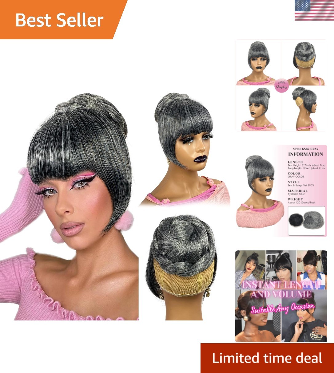 Gray Bun & Bangs Set 2PCS – Salt and Pepper Grey Clip in French Bangs with Tw…