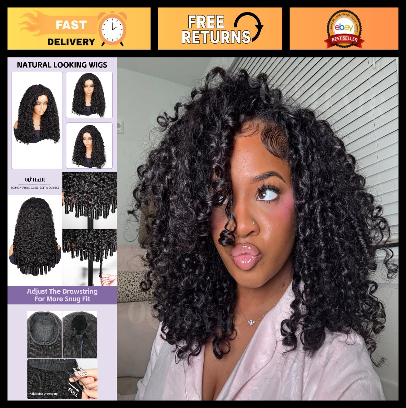 Burmese Curly Half Wig 24″ Human Hair, 180% Density, Glueless Headband Wig, Easy