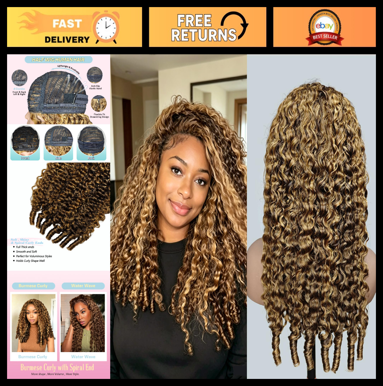 Burmese Curly Half Wig 220 Density – 3 in 1 Seamless Glueless Hair Wig 20″ P4/27