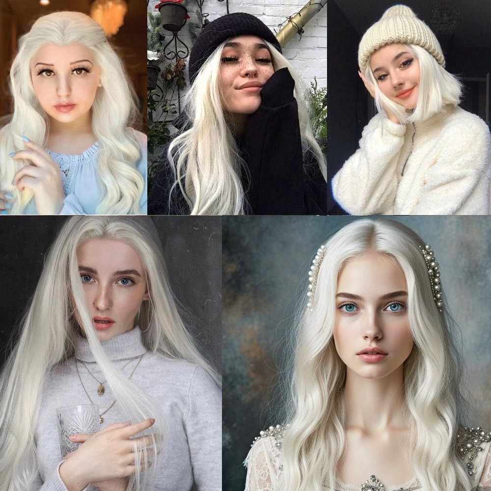 Long Hair Body Wave 60# White Blonde Color Synthetic Lace Front Wigs for Wome…