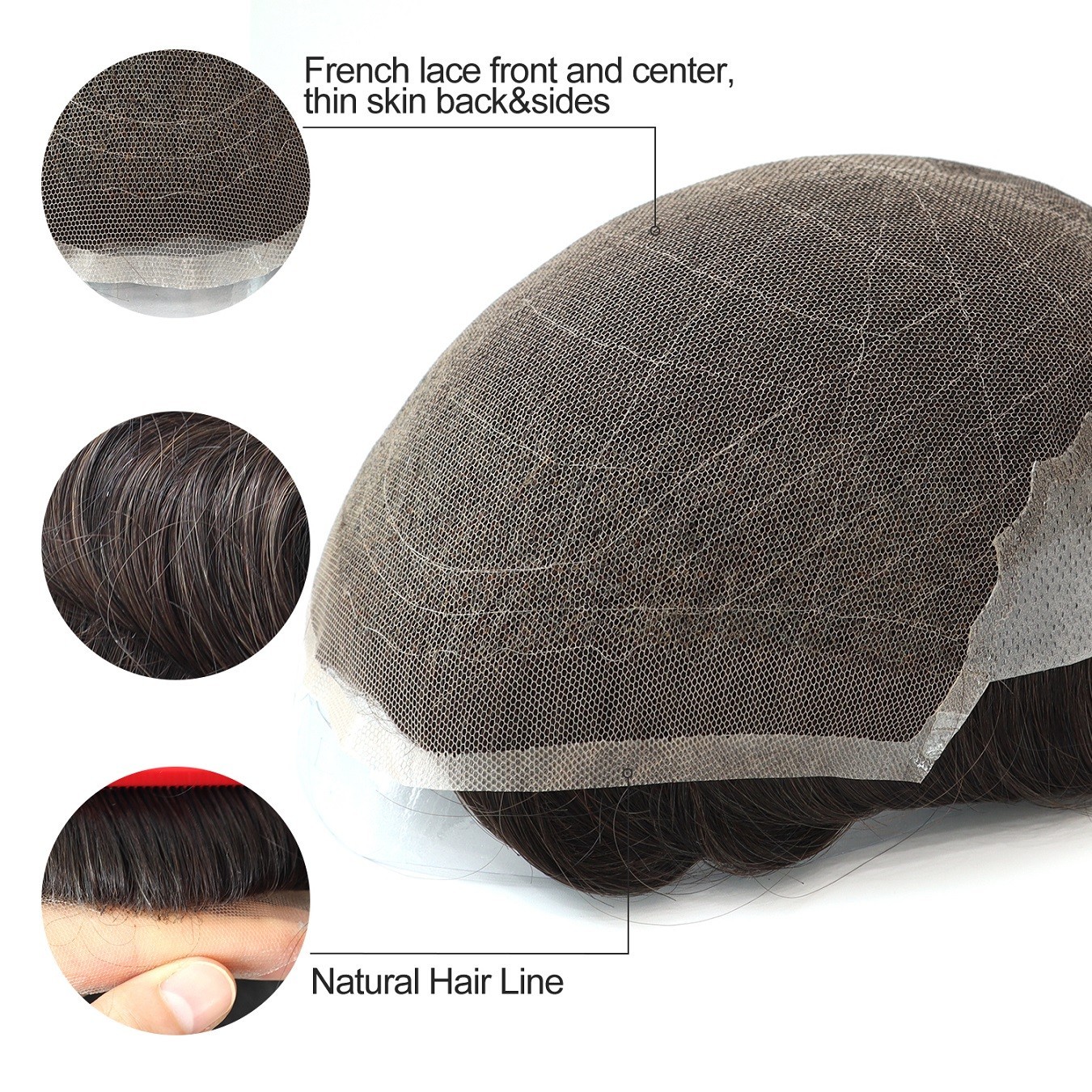 Mens Toupee Human Hair Replacement System French Lace Skin Back Hairpiece #1B