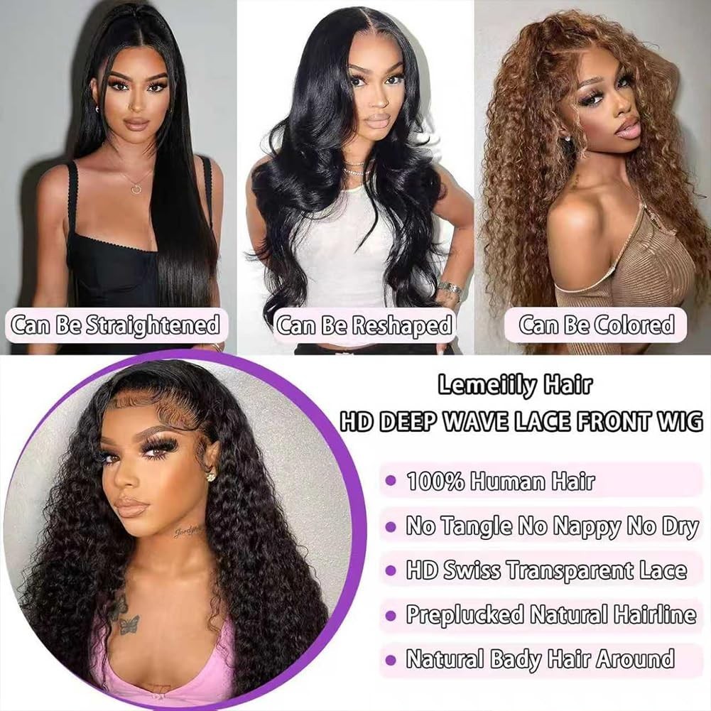 30″ 13×6 Deep Wave Lace Front Wig – 200 Density HD Lace, Pre-Plucked, Glueless,