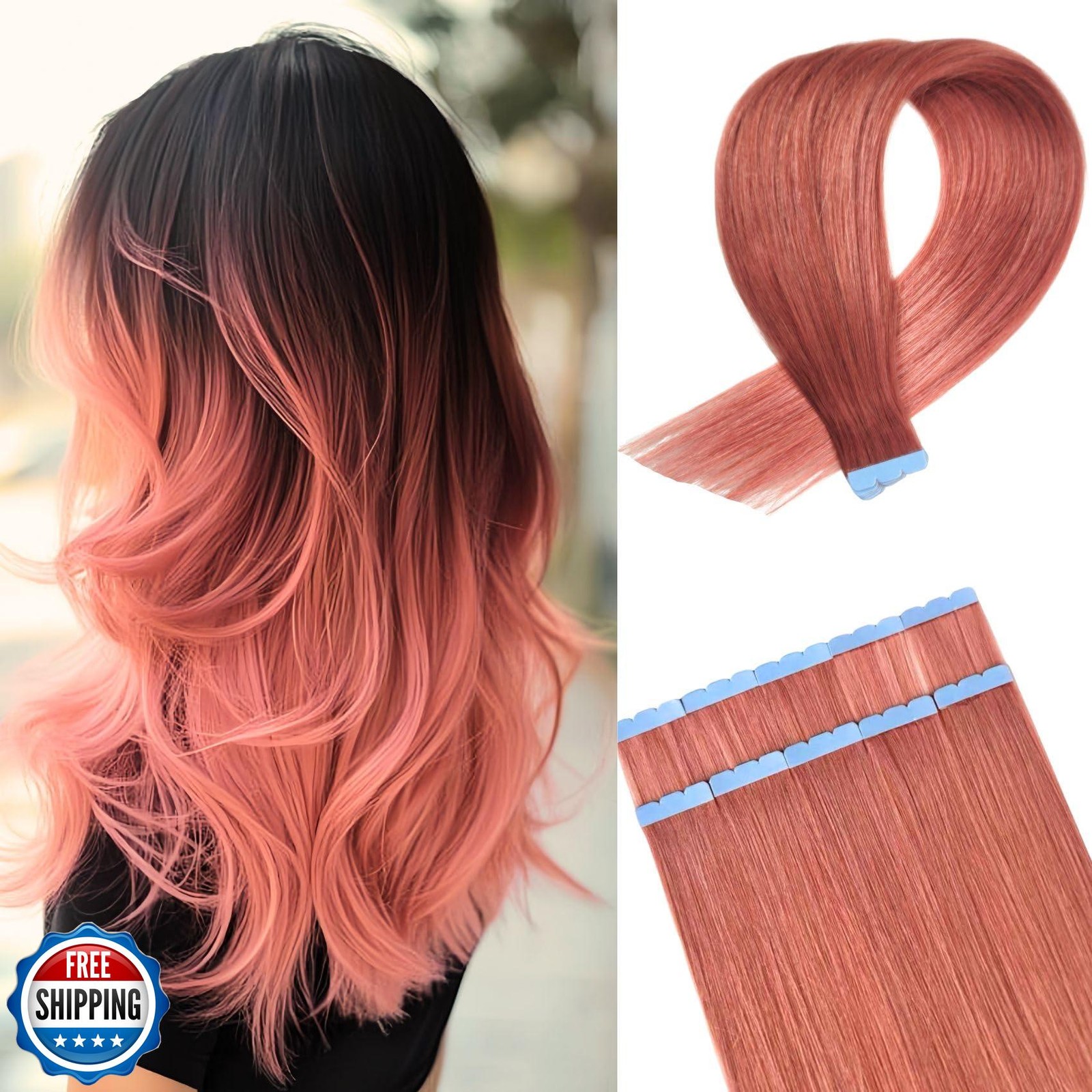 Rose Gold Pink Tape in Hair Extensions Human Hair Invisible Seamless Mini Tap