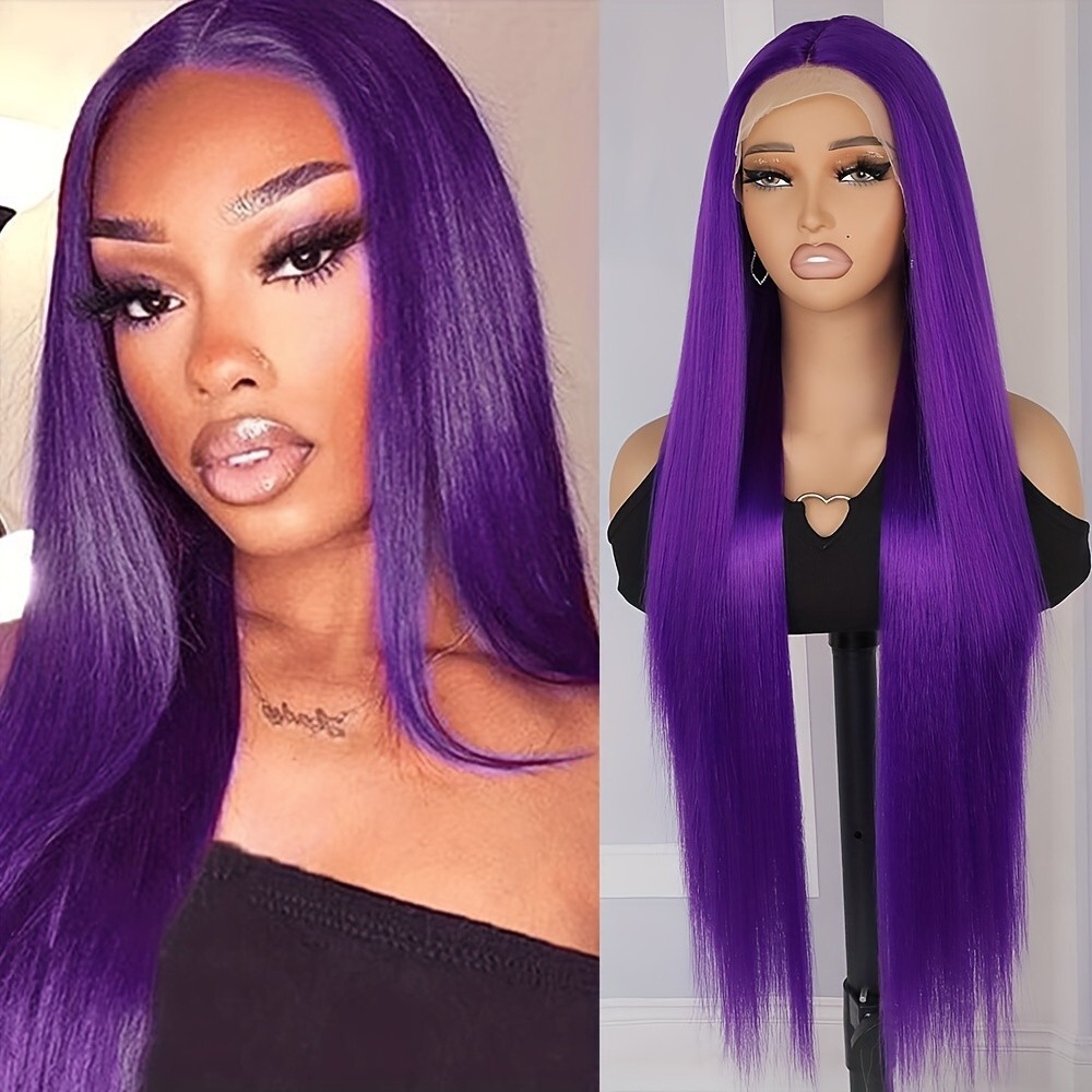 Synthetic Lace Front Wigs Glueless Purple Color Hair Wig Pre Plucked Heat Safe