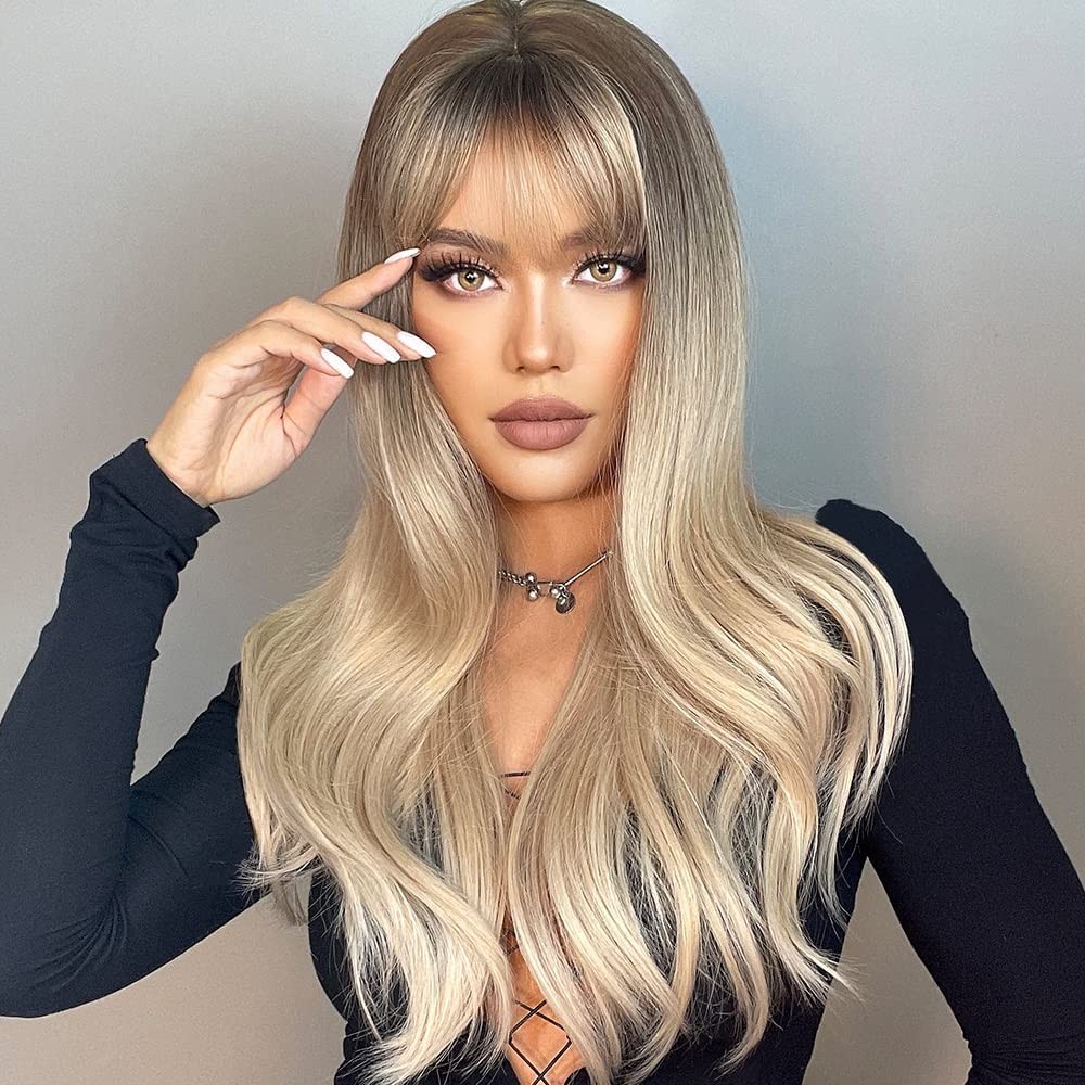 Long Wave Blonde Wig with Bangs,Ombre Blonde Wigs for Women Heat Resistant Fi…