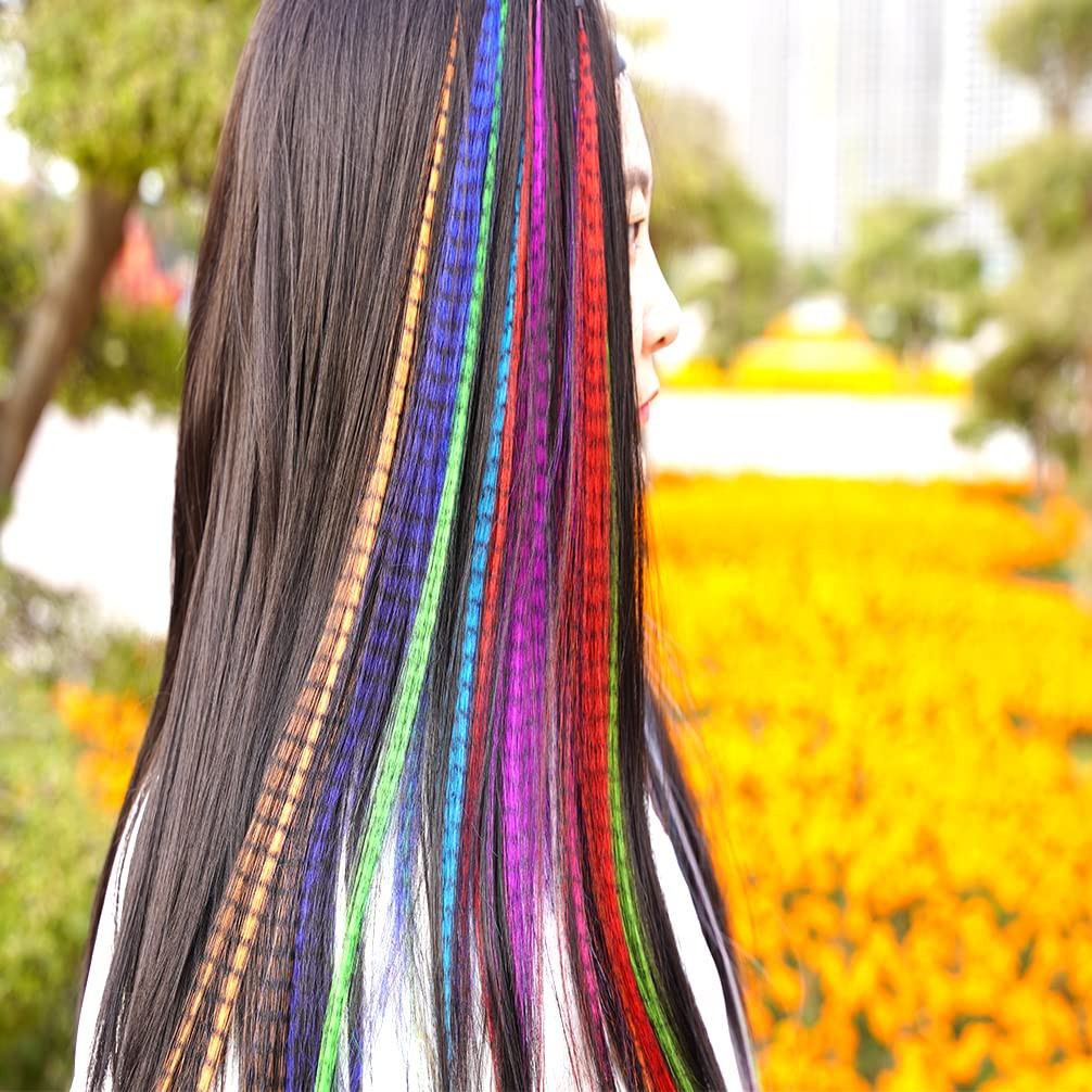 13Pcs Synthetic Feather Hair Extensions for Women 20Inch Hairpieces with 100Pcs