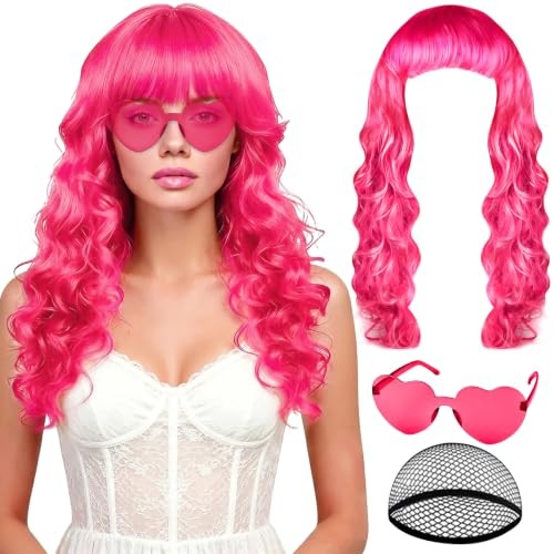 Neon Wigs for Women with Heart Sunglasses, Colorful Long Curly Wigs Hot Pink