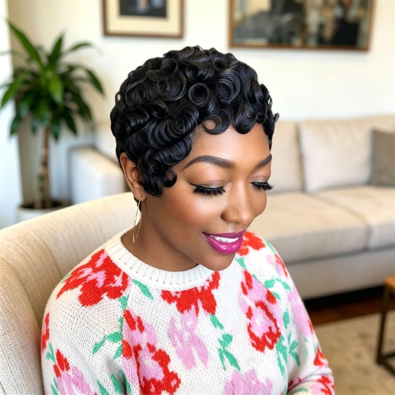 Short Pixie Cut Glueless Human Hair Curly Wig Finger Waves Natural Black