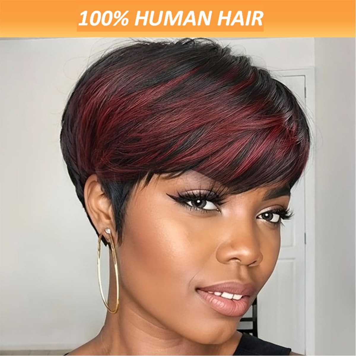 Basic Pixie Cut Wig Straight Style – 1B/99J Burgundy Highlight 180% Density B…