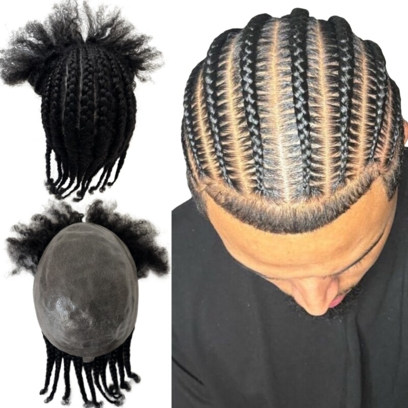 Jet Black Human HairCornrow Braids Unit 8×10 Full PU Toupee for Black Men