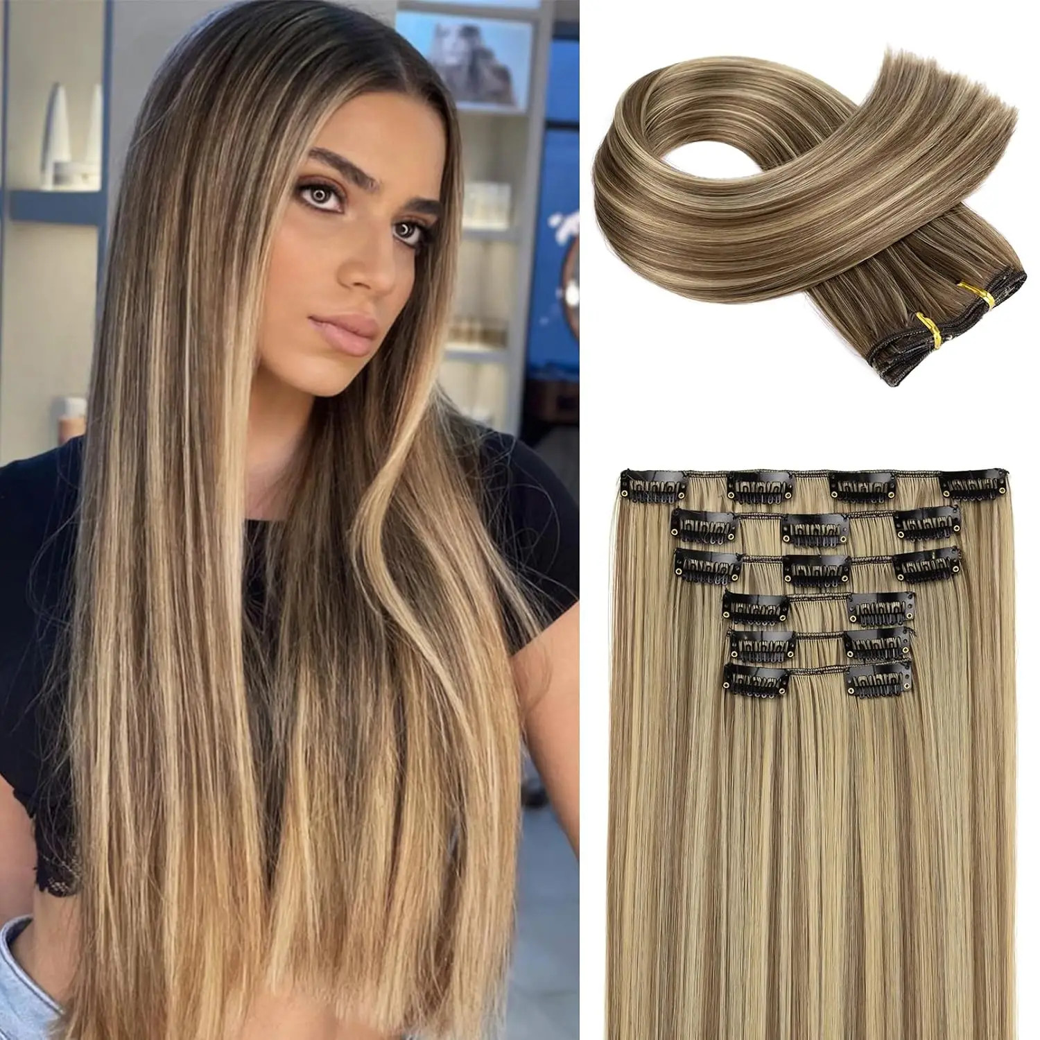 6Pieces/Set Clips in Hair Extensions 24 Inch Synthetic Long Straight Extensions