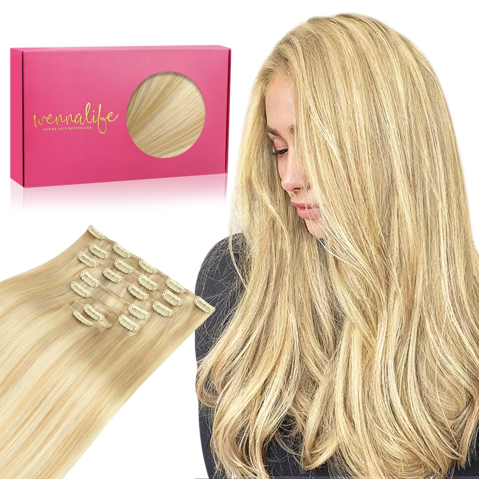 WENNALIFE Clip in Hair Extensions 12″ 80g Remy Human Hair Light Blonde 7pcs
