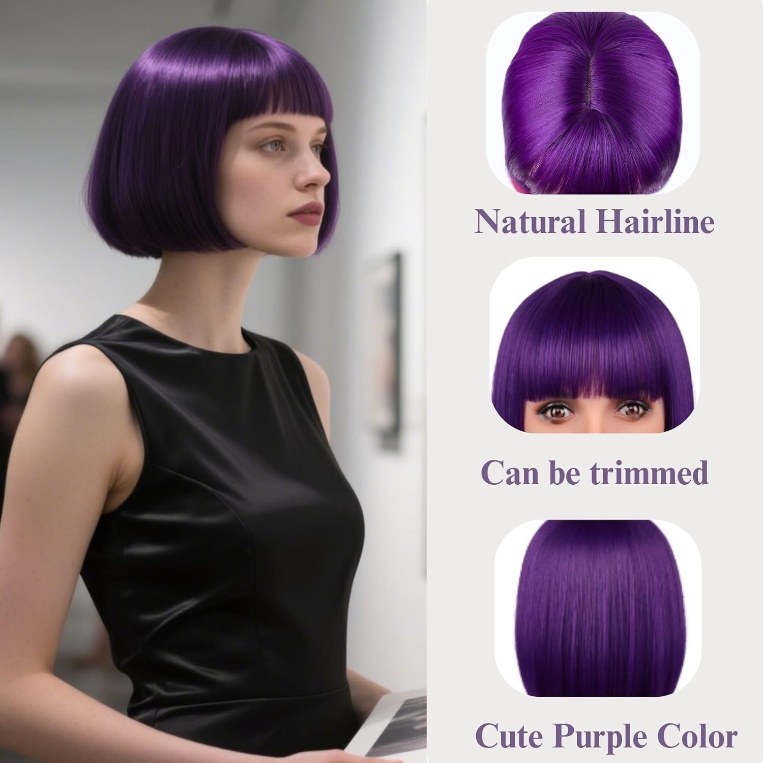 Bob Wig, 12 Inch Short Bob Dark Purple Wig with Bangs, Synthetic Heat Resistant