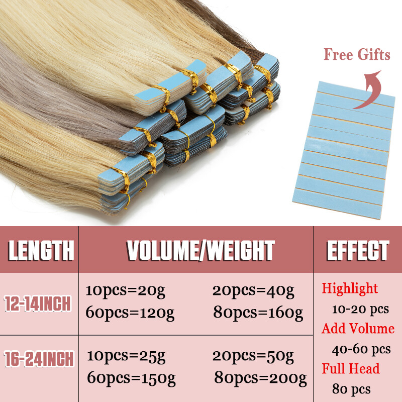 Tape In Skin Weft Real Remy Human Hair Extensions 60pcs Full Head Dark Color