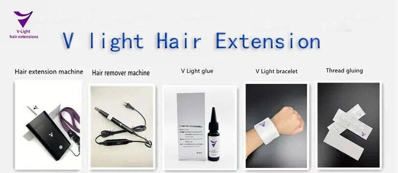 V Light Hair Extension Machine Box Sets (15-Piece) – 4 Glue & 4 Removal Solution