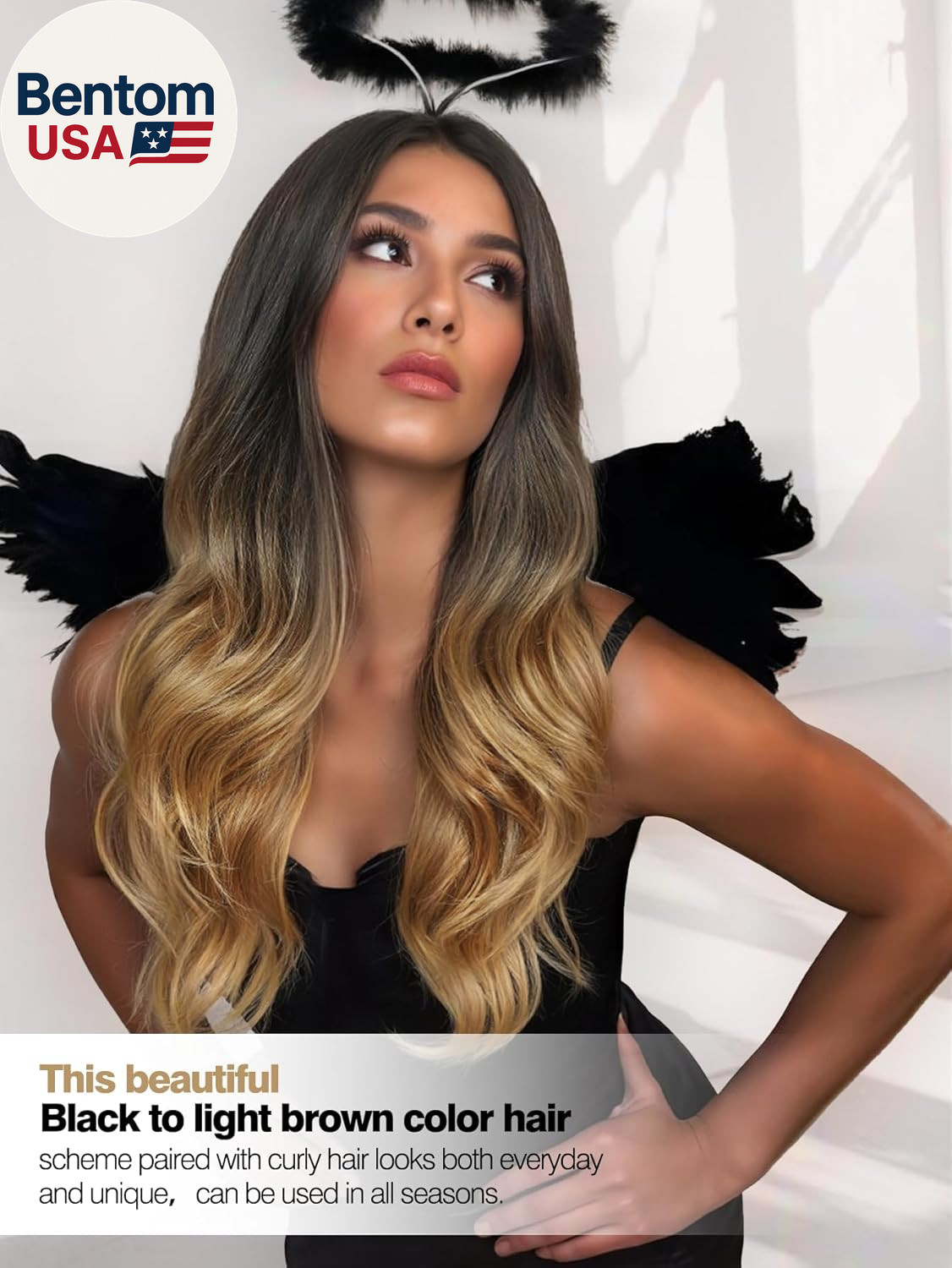Ombre Wigs Black to Light Brown Side Part Long Wavy Wig Heat Resistant Synthetic