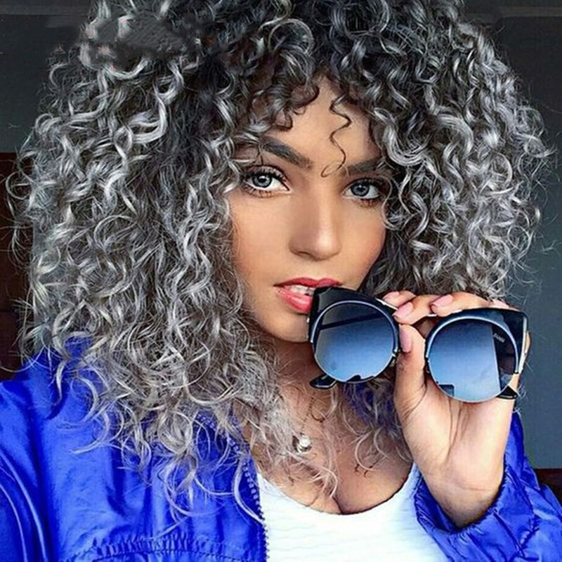 Short Black Grey Afro Curly Wave Synthetic Wig Heat Resistant Fashion Natural