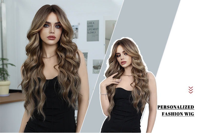 Bronze-golden long curly hair full head cover made of synthetic fiber with waves