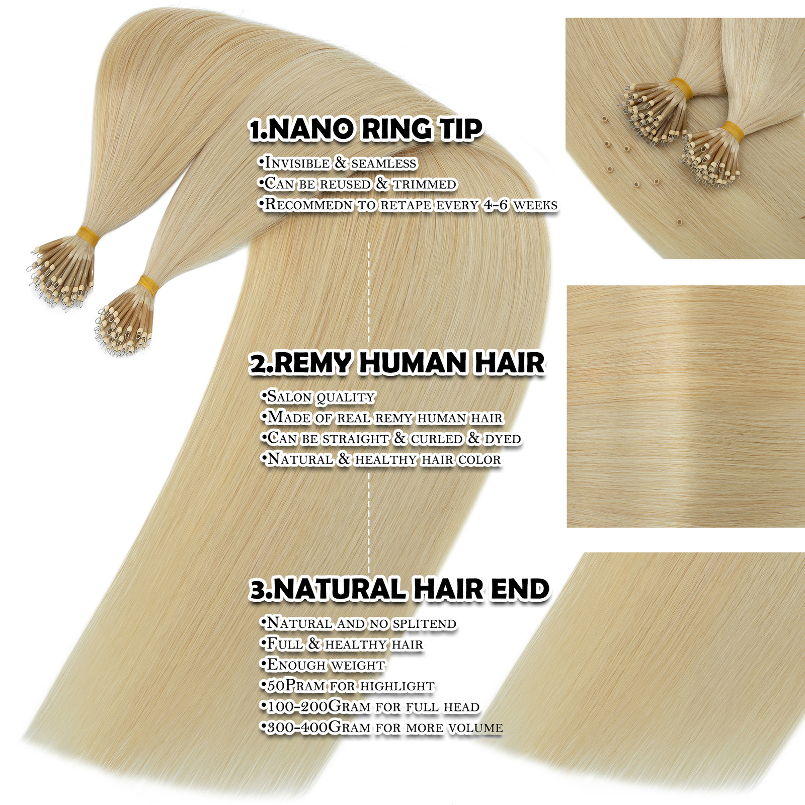 CLEARANCE Nano Ring 100% Human Remy Hair Extensions Micro Loop Beads Ombre 100pc