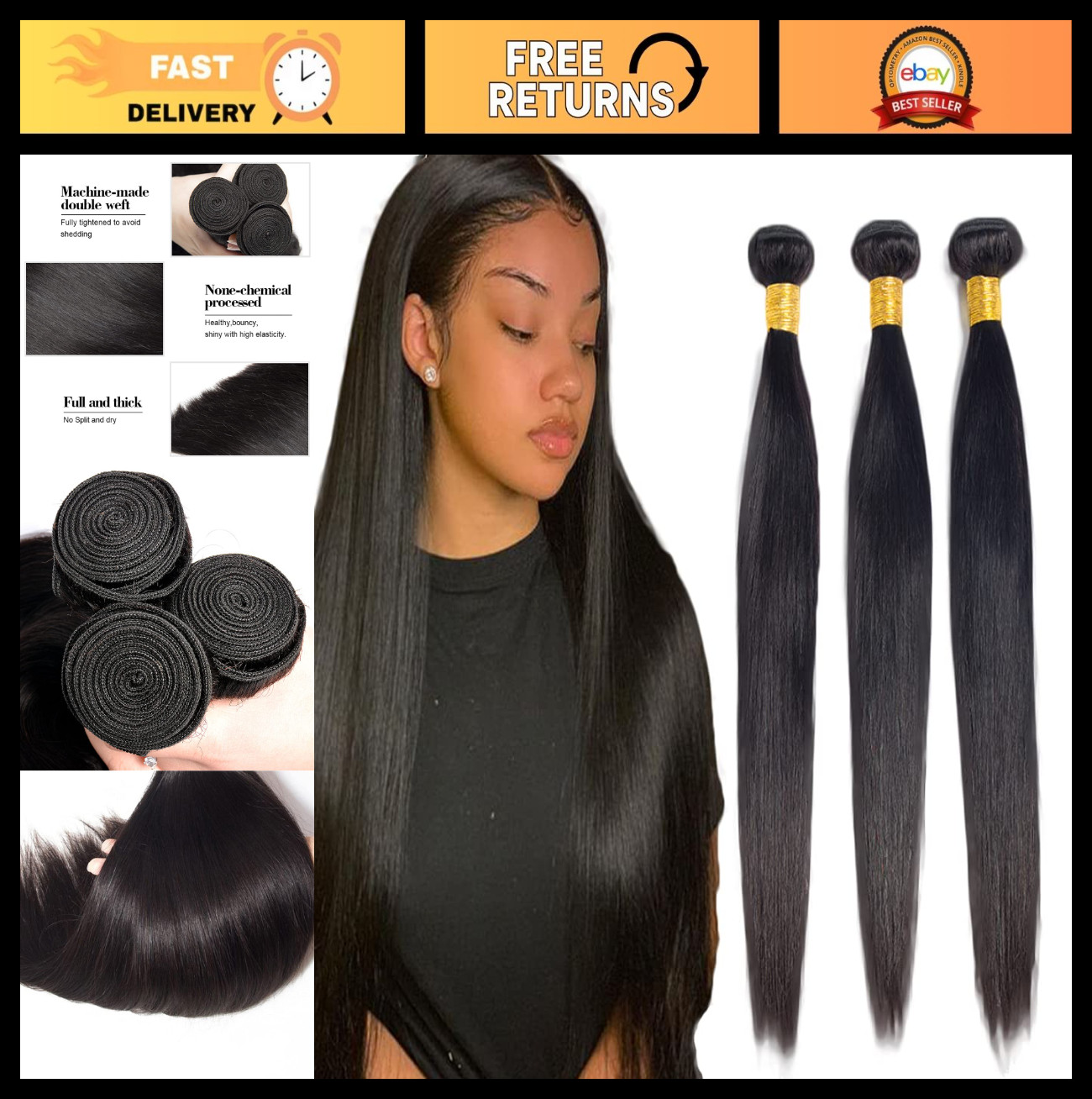 34 Inch Straight Black Human Hair Bundles – Unprocessed Brazilian Remy 3 Pack