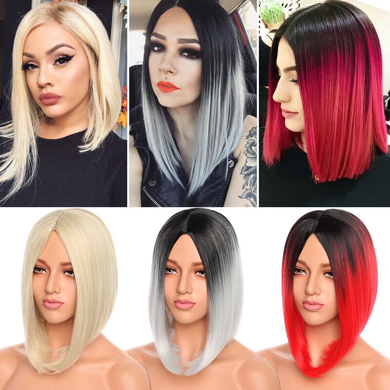 Full Synthetic Ombre Gray Linen Hair Straight Women Wigs with Rose net 12″ Long