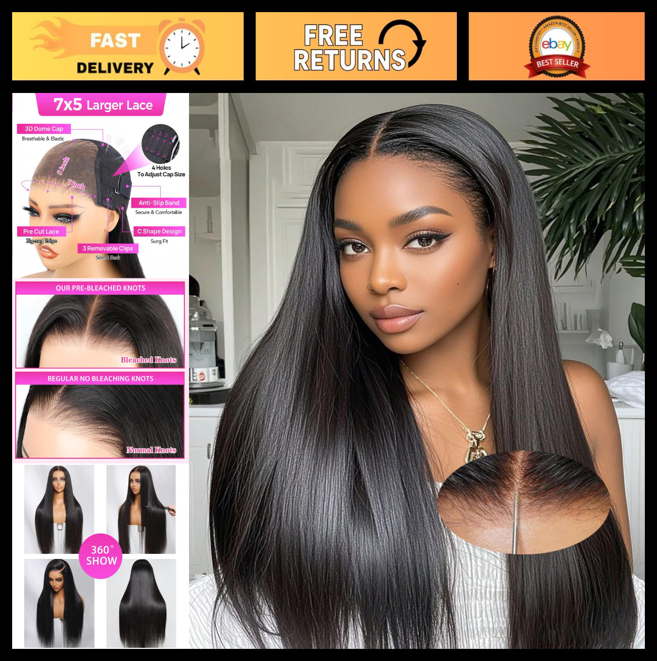 24 Inch 200% Density HD Lace Glueless Wig, Pre Plucked & Bleached, Straight Clos