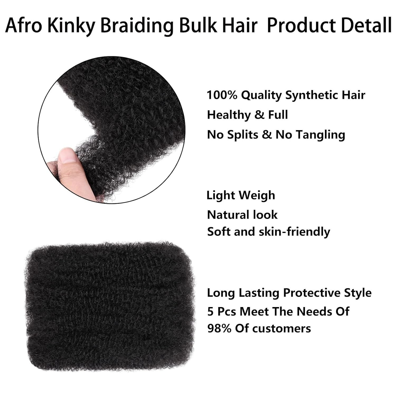 Hypoallergenic 20 Inch Afro Kinky Curly Bulk Hair – 5 Bundles Perfect for Styles