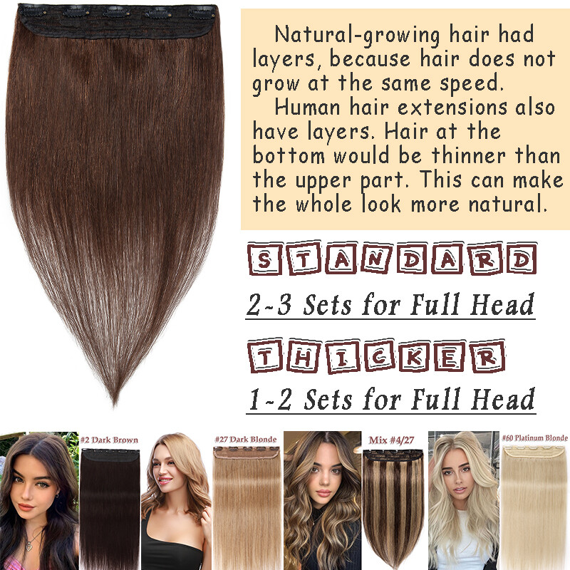 THICK One Piece 5Clips Weft Clip In Real Remy Human Hair Extensions Balayage US
