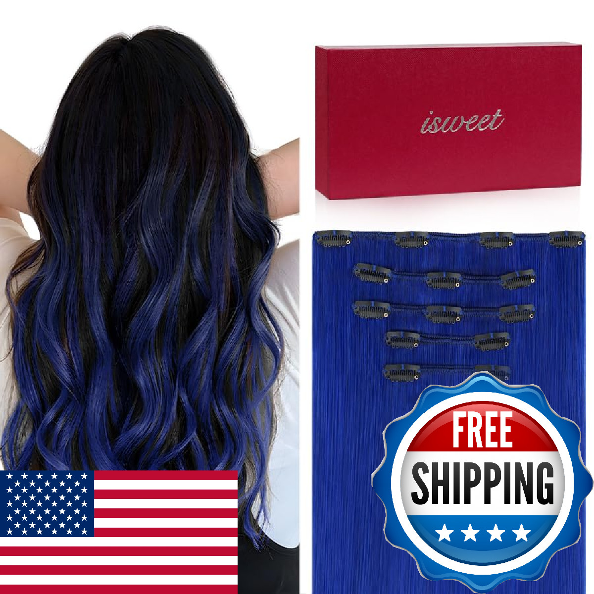 Straight Clip in Hair Extensions Real Human Hair, 7Pcs 14 Inch 95g Blue Invisibl
