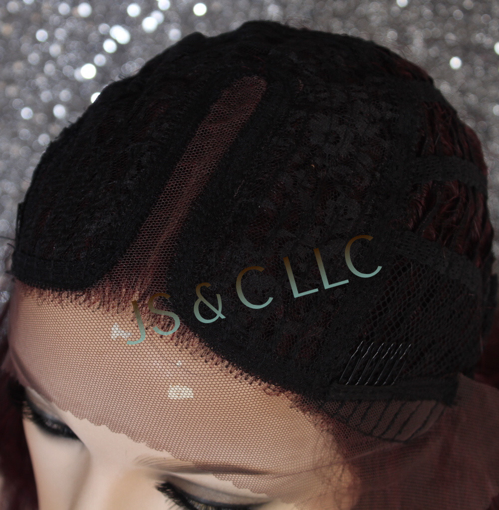 Human Hair Blend Full Mono Lace Front Wig Wavy Burgundy mix Heat OK WBSG 1B-burg