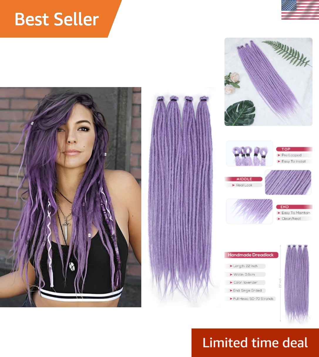 22″ Lavender Reggae Style Dreads – 10 Handmade Synthetic Extensions for Girls