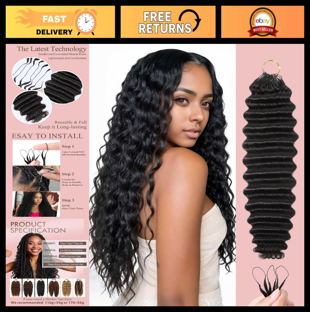 18″ Deep Wave Crochet Hair Extensions for Black Women – 55g, 40 Strands, Soft &