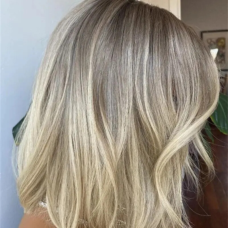 100% Human Hair Ombre Ash Blonde Short Bob Lace Front Wig Brazilain Natural Wigs