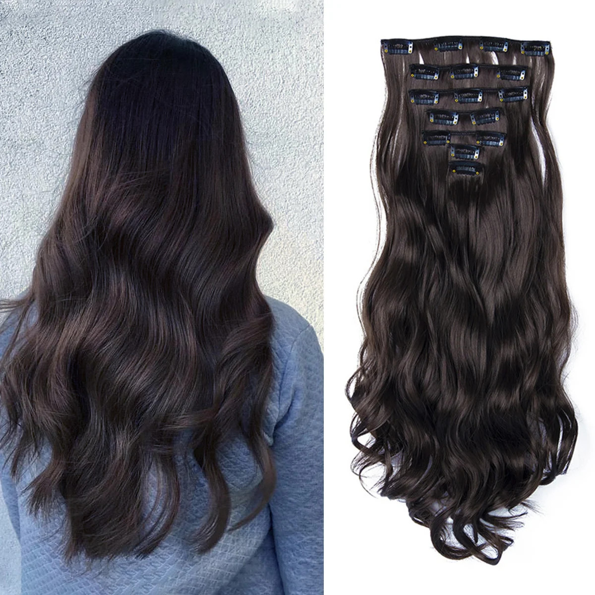 Curly Wavy Clip In Hair Extensions Full Head Synthetic Fake Hair Pieces For Girl