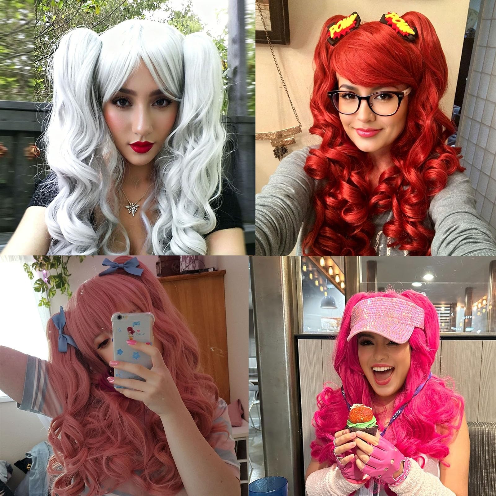 Long Curly Pink Lolita Wig 2 Ponytails Clip on Cosplay Wig for Women Anime Pa…