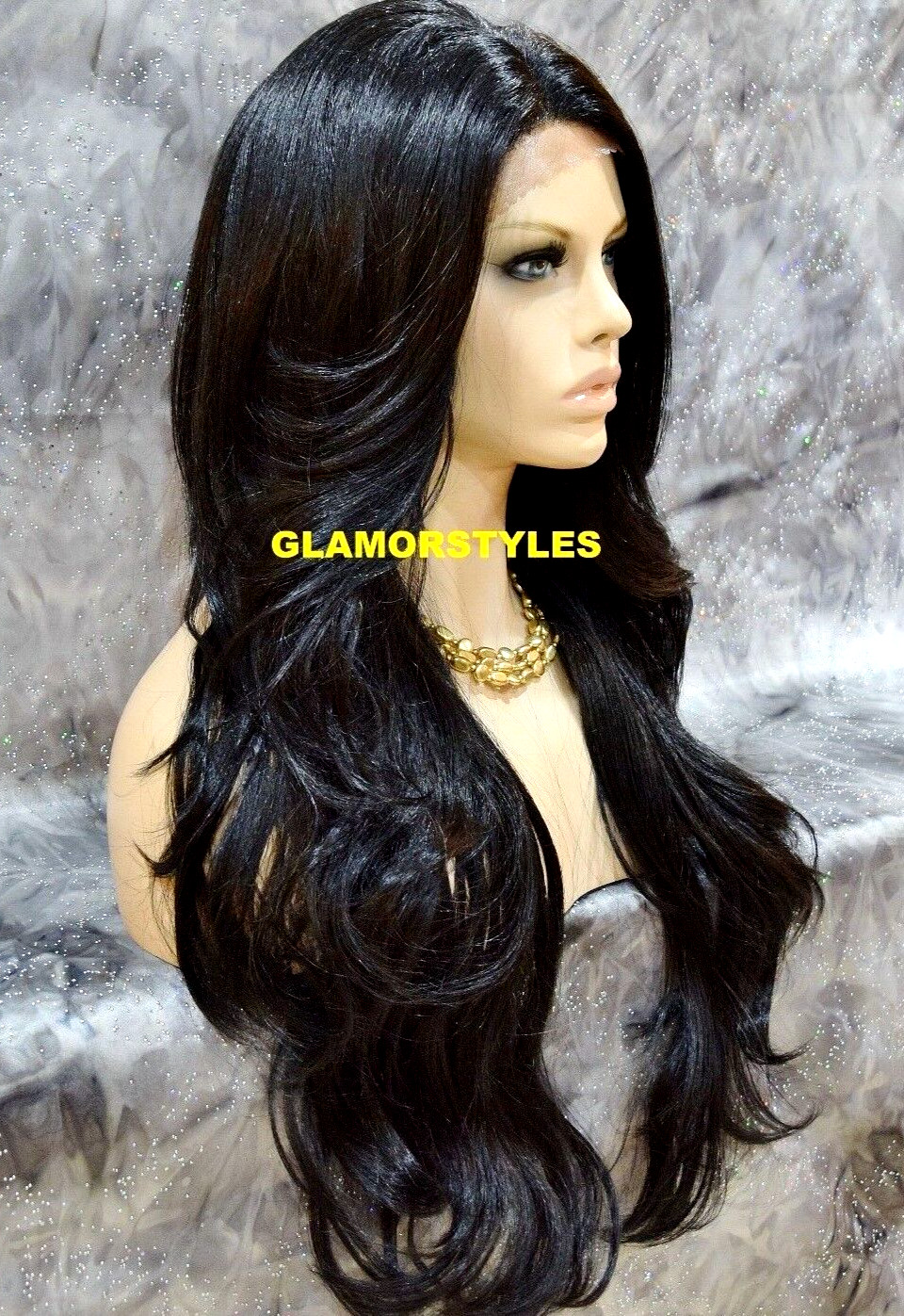 LACE FRONT FULL WIG LONG WAVY LAYERED SIDE PART OFF BLACK #1B HEAT OK NWT