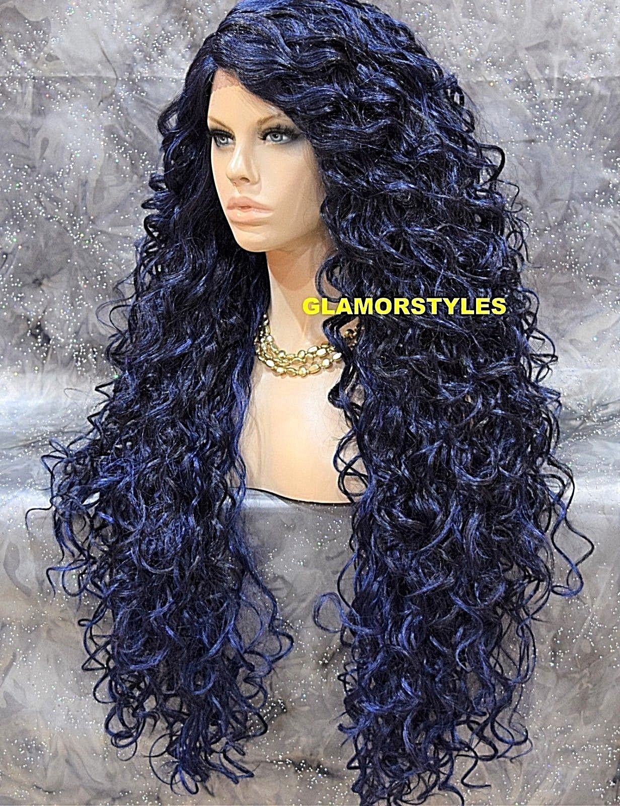LACE FRONT FULL WIG EXTRA LONG CURLY LAYERED W SIDE PART BLUE BLACK MIX HEAT OK
