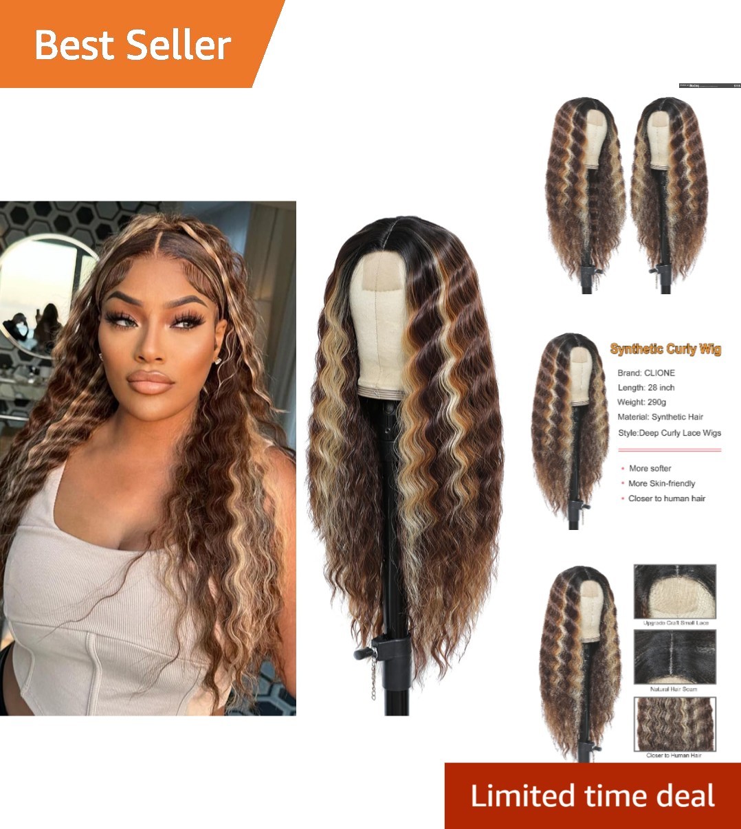 Comfortable 28″ Brown Mixed Blonde Deep Wave Wig – Versatile for Any Occasion