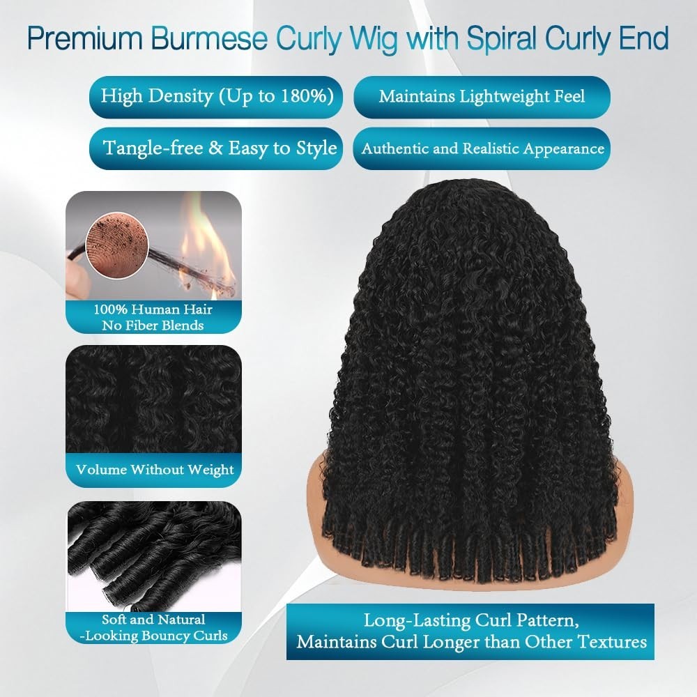 20 Inch V Part Human Hair Wig – Burmese Curly, 180% Density, No Sew, Glueless, C